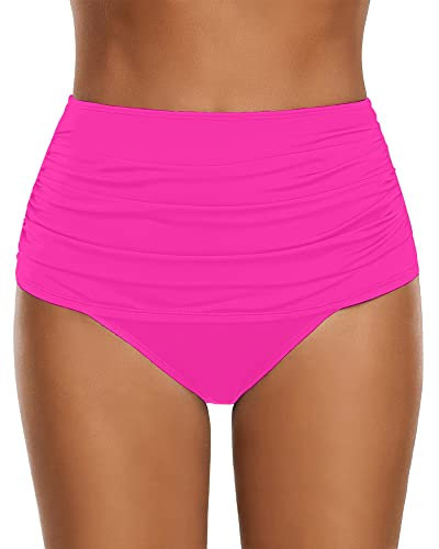 Roskiky Bas de bikini taille haute pour femme avec aspect froncé, Rose chaud, XL