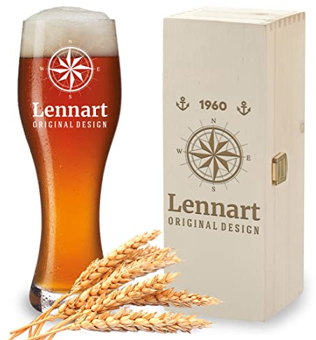 Weizenbierglas + Holzkiste mit Wunschgravur - Motiv: Kompass - personalisiert - 1x Holzbox - 1x Weißbierglas 500 ml - Echtholz - Weißbier, Craft-Beer - Geburtstag, Weihnachten, Vatertag