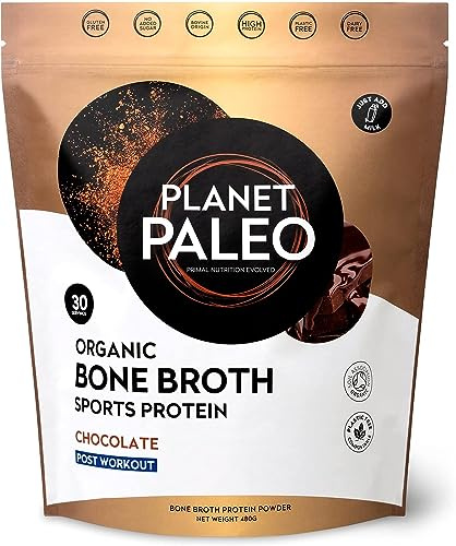 Planet Paleo Organic Bone Broth Sports Protein Powder (480g, 30 Servings) Chocolate, Grass-Fed, Collagen, High Protein Post-Workout Recovery Drink