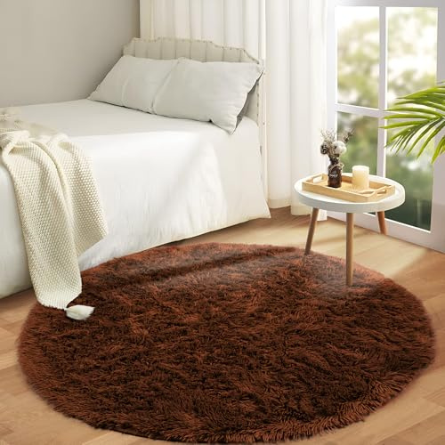Aspire Homeware Runder Teppich für Wohnzimmer, 120 x 120 cm, für Schlafzimmer, rutschfest, modern, superweich, dicker Flor, klein, flauschig, zottelig, fusselfrei, Braun