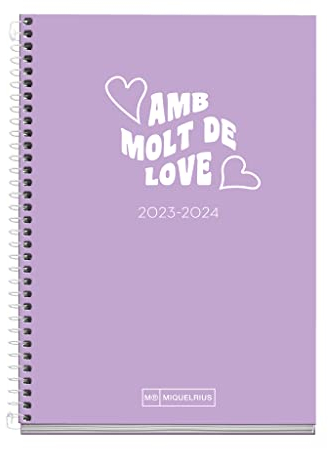 Miquelrius - Schülerkalender 23-24, September 2023 bis Juni 2024, Größe 11,7 x 17,4 cm, Tagesansicht, Lavendel, Katalanisch-Englisch