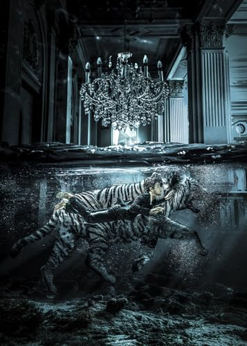 STYLER Glasbild Boy & Tiger 80 x 120 cm I Wandbild Glas modern für Küche Wohnzimmer Schlafzimmer Flur I Modern Hingucker Junge Lost Place groß XXL