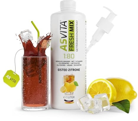 AsVita Boisson concentrée Fresh Mix 1:80-1 l avec pompe doseuse - Boissons au sirop sans sucre - 26 saveurs délicieuses (thé glacé et citron)