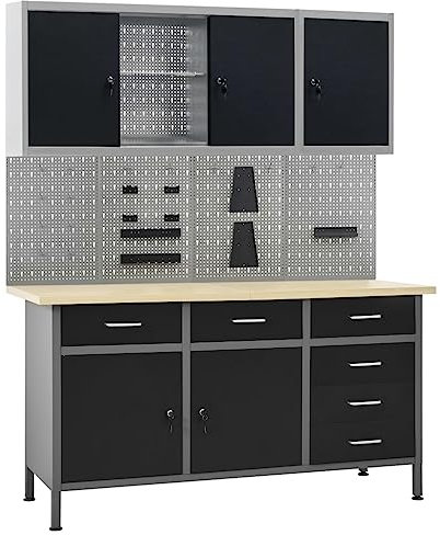 KOIECETA Werkbank mit 4 Werkzeugwänden 2 Wandschränken Werktisch Werkzeugschrank Montagewerkbank Hängeschrank Lochwand Werkstatteinrichtung