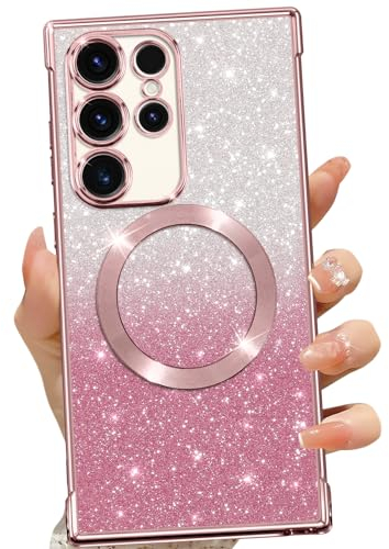 Phoona für Samsung Galaxy S23 Ultra 5G Hülle, Glitzer Hülle Kompatibel mit MagSafe, Keine Vergilbung, Kratzfeste, Ganzkörperschutz Magnetisch Handyhülle für Samsung S23 Ultra, Rosa