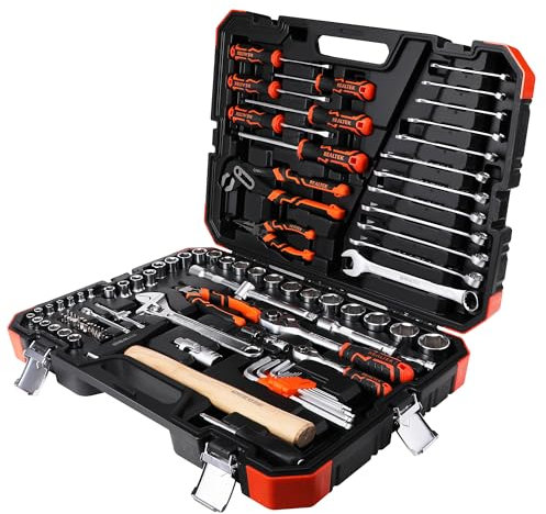 REALTEK 100 Piece Mechanic Tool Set, Car Tool Kit, Cr-V Socket Wrench Auto Repair Kit Includes Socket Accessories, Pliers, Heavy Hammer, Screw Drivers, General Households Tools with Larger Case