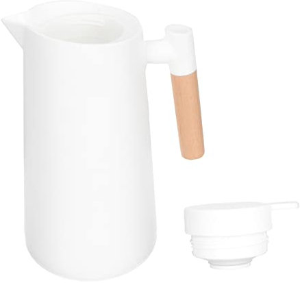 PRETYZOOM Insulated Glass Liner Water Bottle Nordic Thermal Carafe Wooden Handle Portable Hot and Cold Beverage Kettle Home Office Drink Jug White