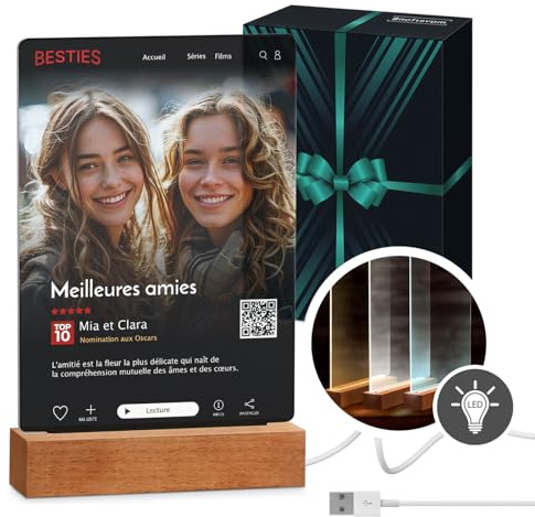 Maverton Cadre Photo personnalisé pour femme, lampe LED avec vos photos | Pour couple, tableau en verre acrylique pour homme, cadeau d’anniversaire pour elle/pour lui/pour bébé, Netflix