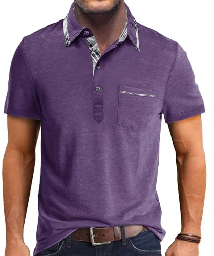 Comilaka Men's Short Sleeve Casual Polo Shirts Classic Button Contrasting Colors T- Shirts with Pocket Stylish Tops Purple