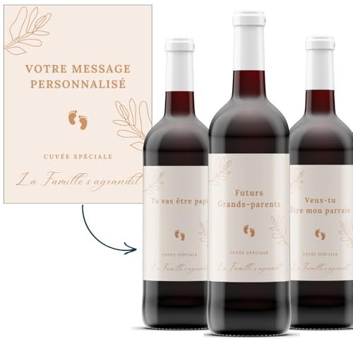 COUSIOTS Étiquettes naissance à personnaliser pour bouteilles de vin (lot de 2) - annonce grossesse - futurs grands parents - parrain - marraine - bébé - personnalisation sur mesure
