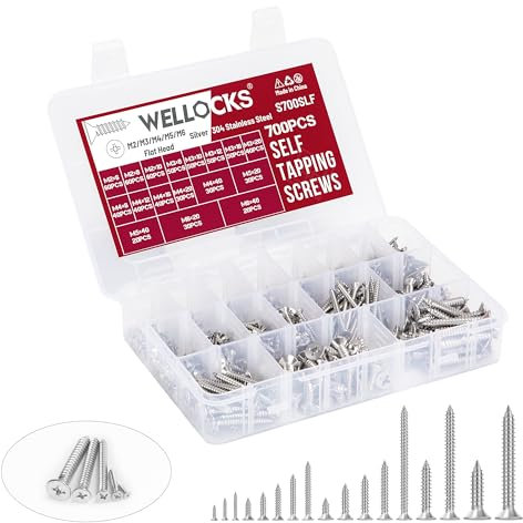 WELLOCKS Tornillos autorroscantes | Kit surtido de tornillos de acero inoxidable M2/M3/M4/M5/M6 de 700 piezas | Caja de almacenamiento con juego de tornillos para madera con tornillos (S700SLF)