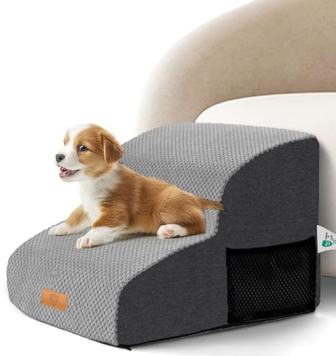 Masthome Dog Steps, 2-Step High Density Foam Dog Steps for Bed Sofa, Non-Slip Pet Ramp with Removable Washable Cover,Pet Stairs for Small Dogs Cats, Grey, 40x40x30cm