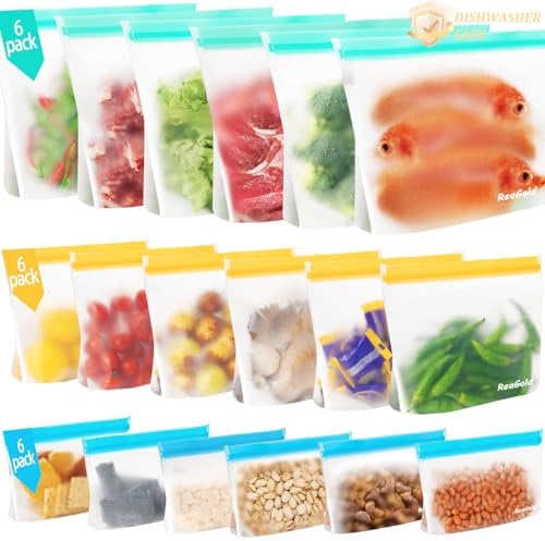 18 Pack Reusable Freezer Bags, ReaGold Reusable Sandwich Bag, Silicone Food Bags Ziplock Bags, Gallon Bag for Keeping Lunch, Sandwich, Snack, Fruit, Veg Fresh for Longer