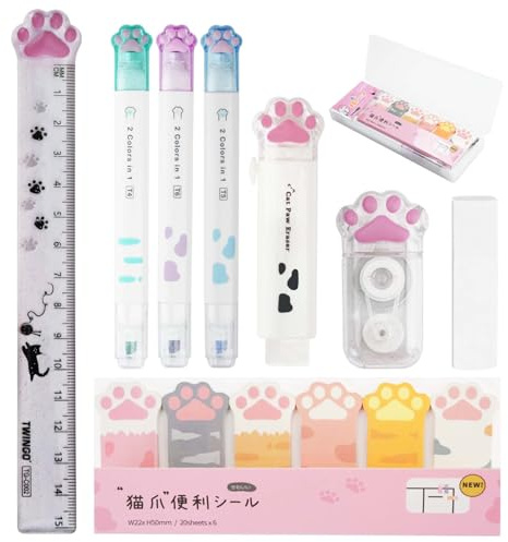 Mulaibdin Stuff Aesthetic Set, Katzenpfoten Lineal Korrekturroller, Stifte Radiergummi Sticky Notes Katze (Weiß)