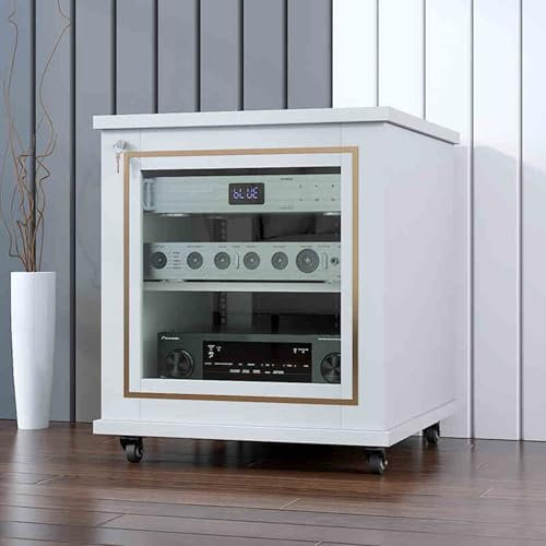Modern White Record Player Display Cabinet with Glass Doors and Lockable Wheels 68cm High Storage Stand for Vinyl Records