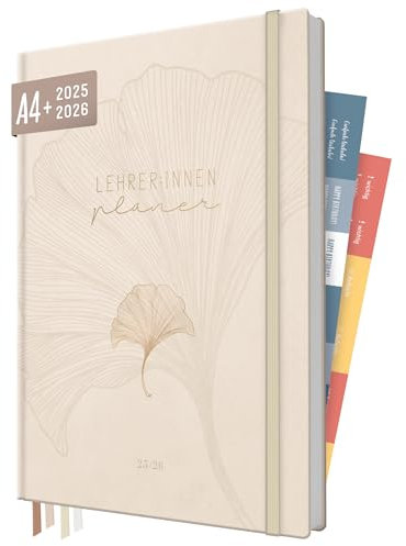 Häfft® Lehrer-Planer 2025/2026 A4 + Beige Ginkgo Hardcover Lehrerkalender mit Wochenkalendarium, 226 Seiten, Stickern und mehr - nachhaltig & klimafreundlich