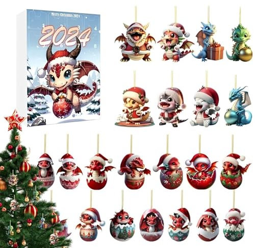 2024 Adventskalender mit Drachen-Ornamenten, Dinosaurier 2024, Weihnachtsdekoration, 2D-Acryl-Drache, Baby-Weihnachtsschmuck, Countdown für Weihnachtsbaum