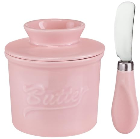 Burriera in ceramica con coperchio e coltello spalmatore, contenitore per burro – ideale per conservare il burro e il burro, rosa