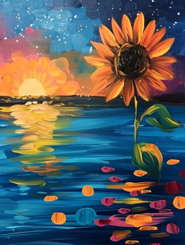 Blume Malen Nach Zahlen Erwachsene, Malen-Nach-Zahlen Sunset Paint by Numbers, DIY Bastelset Erwachsene Ölgemälde, mit Pinseln und Acrylfarben, Zimmer Wand Deko Asthetik, 60x80cm (Rahmenlos) 9-N-Y