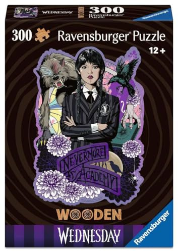 Ravensburger Wooden Puzzle 12001538 - Wednesday - 300 Teile Kontur-Holzpuzzle mit stabilen, individuellen Puzzleteilen und 25 kleinen Whimsies, für Fans der Serie Wednesday ab 12 Jahren
