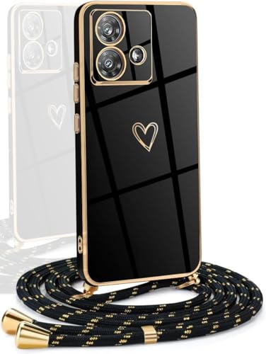 YAMCCCSE Handykette für Motorola Moto G14 Hülle mit Band,Stoßfeste Silikon Handyhülle mit Love Herz Galvanik Kordel Schutzhülle,Frauen Mädchen Motorola Moto G14 Hülle mit Band,Schwarz Gold