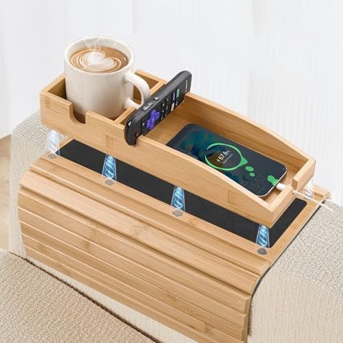 MARUKO Sofa Arm Tray, 3-in-1 Magnetic Detachable Bamboo Couch Cup Holder, Couch Arm Table with Anti-Slip Pad, Sofa Armrest Tray Table (Color Natural)