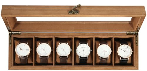 Uten Uhrenbox mit 6 Fächern, Aufbewahrungsbox für Uhren, aus Massivholz | Weiches Braune Samtfutter, Herausnehmbare Uhrenkissen, Transparente Glasabdeckung, Metallschloss