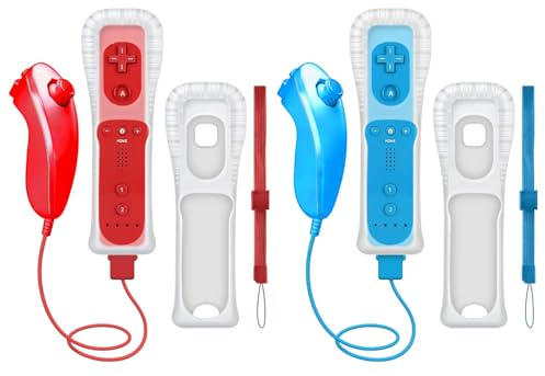 CLVIZCXOM (2 Sets / 8 Stück!) Fernbedienungs-Doppelpack kompatibel mit Nintendo Wii/Wii U Konsolen: 2 Fernbedienungen + 2 analoge Joysticks + 2 Hüllen + 2 Armbänder, mit Motion Plus (Rot & Blau)
