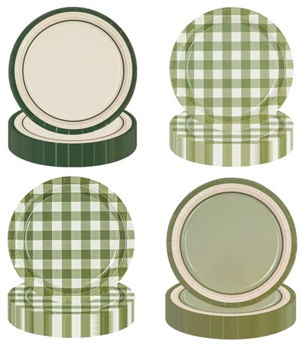 EVYIENEN 48 platos de papel de color verde salvia para postres, cumpleaños, 17,8 cm, desechables, con diseño a cuadros para cumpleaños, baby shower, bodas, camping y fiestas temáticas, 4 diseños