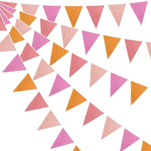Guirlande de fanions triangulaires double face en coton multicolore de 10 m avec 36 drapeaux pour intérieur et extérieur, fête, mariage, anniversaire, fête prénatale, décoration de jardin (orange rose