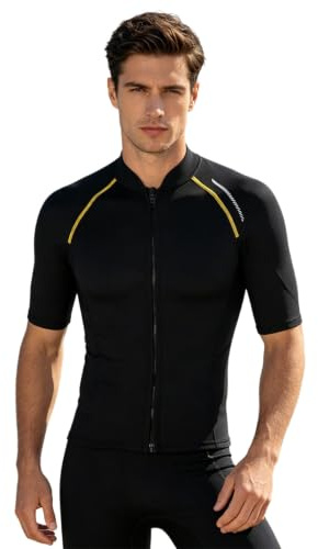 Xnihocha Muta in neoprene da uomo, muta in neoprene da 1,5 mm, maglietta da nuoto a maniche corte con cerniera frontale, costume da bagno, Nero , XL