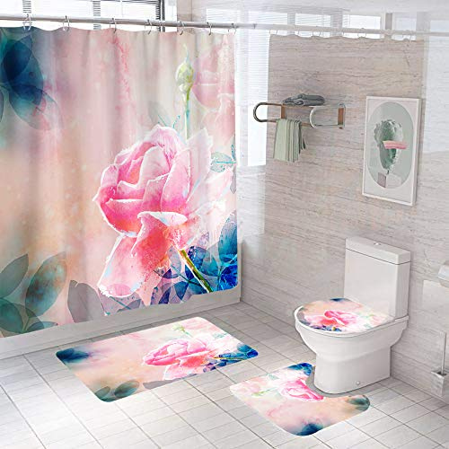 Badgarnitur 3 Teilig Badezimmerteppich Waschbar Badematte rutschfest,Wc Vorleger Mit Ausschnitt Und Badematte, Badvorleger Toilette Teppich 45X75Cm Rosa Rose