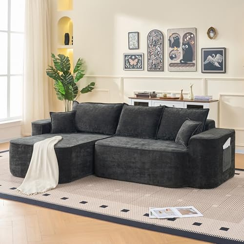 Bladez L-Form Ecksofa Cloud Couch mit Chaiselongue, 262cm, XXL Tiefsitz Modulares Sofa ohne Montage, Black Chenille, Sofort einsatzbereit (Black + 3 Seat, 262 * 144 * 65cm)