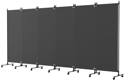 SMONTER 6-Teiliger Raumteiler Paravent, Sichtschutz Balkon mit abschließbaren Rädern, Mobile Trennwand zur Raumaufteilung für Büro, Schlafzimmer, 370 cm × 183 cm, Grau