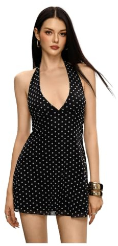 GORGLITTER Women's Polka Dots Halter Neck Mini Dress Backless Summer Dress