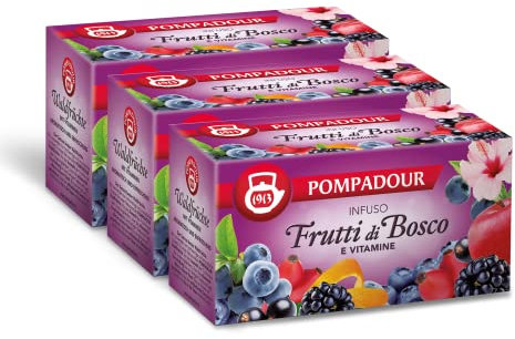 Pompadour, Infuso Frutti di Bosco e Vitamine, 60 Filtri (3 Confezione da 20 Filtri), Dolce e Fruttato, Ricco di Vitamine, Piace anche ai Bambini, Senza Lattosio, Glutine e Allergeni, Vegan
