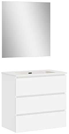 Baikal | Conjunto Completo de Mueble de Baño Suspendido a la Pared con Lavabo Cerámico y Espejo | Tres Cajones, Cierre Amortiguado, Melamina 16mm | Mueble MONTADO | Blanco Mate | 90cm