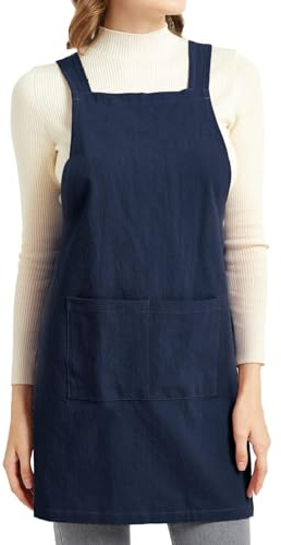 ELEZAY Aprons for Women with Pockets Plus Size Comfort Cross Back No Tie Cotton Linen Apron Pinafore for Cooking Painting Floral Arrangement Gardening Cleaning Small, Navy
