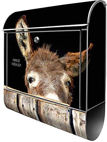 banjado® Design Briefkasten personalisiert Esel 38,5x46,5x13cm & 2 Schlüssel - Briefkasten Stahl Silber Zeitungsfach pulverbeschichtet - Postkasten A4 Einwurf inkl. Montagematerial