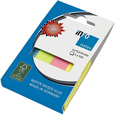 inFO Notes Pagemarker Mix, 4 Blöcke á 100 Blatt, 15x50mm je Block, in einem umweltfreundlichen Karton verpackt (ohne Folie), FSC zertifiziertes Papier