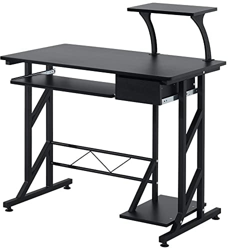 HOMCOM Scrivania per Computer Salvaspazio in Acciaio e Legno, Scrivania da Ufficio con Cassetto, Ripiano Tastiera Estraibile 90 x 50 x 95cm