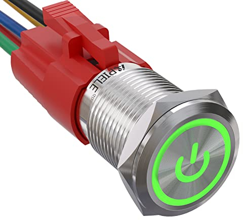 APIELE 16MM Verriegelung Druckschalter 12VDC 5A, Edelstahl mit LED Power Symbol wasserdicht Latch Drucktastenschalter mit vorverdrahtetem Stecker, Auto RV LKW Boot EIN/AUS Taste Schalter (Grün)