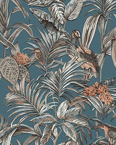 Birds Wallpaper Wall Profhome DE120016-DI hot Embossed Non-Woven Wallpaper Embossed with Exotic Design Shiny Blue Teal Silver Caramel Brown 5.33 m2 (57 ft2)