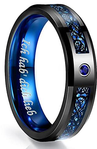 NUNCAD keltischen Drachen Ring für Herren Damen Graviert mit Ich hab' Dich lieb mit blauen Kohlefaser Zirkonia Stein Breite 6mm Mode Partnerringe Eheringe Größe 70