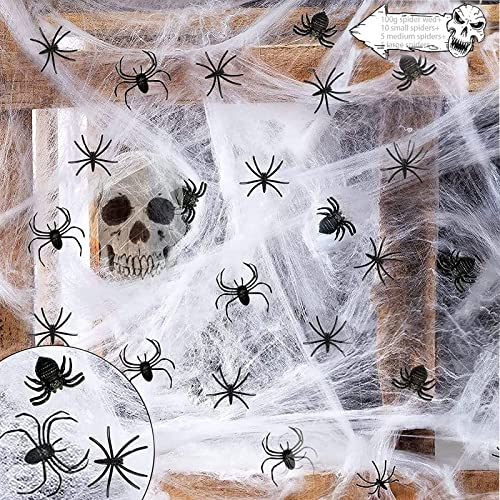 Halloween Spinnennetz Dekoration, 100g Halloween Spinnennetz mit 20 Schwarzen Spinnen, Halloween Deko, Dehnbare Spinnennetze Halloween Deko Set, Realistische Spinnennetz für Halloween, Fasching