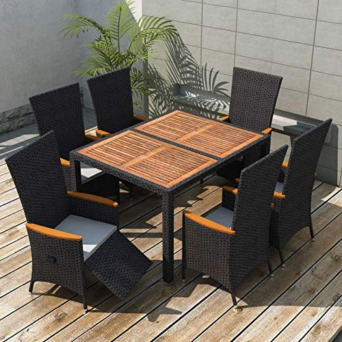Tidyard 7-TLG. Garten Essgruppe, Terrassenmöbel Set 6 Personen, Tisch mit Holz-Tischplatte & 6 Hochlehner-Gartenstühlen mit Sitzpolster, Gartenmöbel Set Sitzgruppe Poly Rattan Schwarz