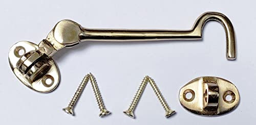 Brass Cabin Hook 4 Inch Brass Cabin Hook & Eye Silent Catch Door Latch Holder with Screws Silent Cabin Hook for Shed Gate Catch Garden Gate Latch Patio Doors in Various Finishes Pack of 1.