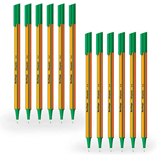 Berlingo Fineliner Set, 12 Stück, 0.4mm, dreieckige Form, Farbige Stifte, metal Spitze, Schreiben, für das Büro, das Home Office oder die Schule und Uni, Serie Rapido (Grün)