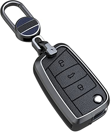 ontto Autoschlüssel Hülle Abdeckung Passt für VW Golf 7 MK7 Jetta T-Roc Seat Leon 3 Ibiza Ateca Skoda Fabia Karoq Metall Leder Schlüsselcover Schlüsselanhänger Schlüsselhülle Schlüsselschutz-Schwarz