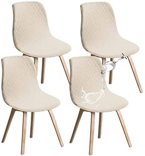 JUNZHE Stuhlhussen 4er Set, Stretch Stuhlbezug mit mittlerer Rückenlehne, abnehmbar waschbar Stuhlschutz für Haus, Küche, Esszimmer, Party, Bankett, Hochzeit, Club,Beige
